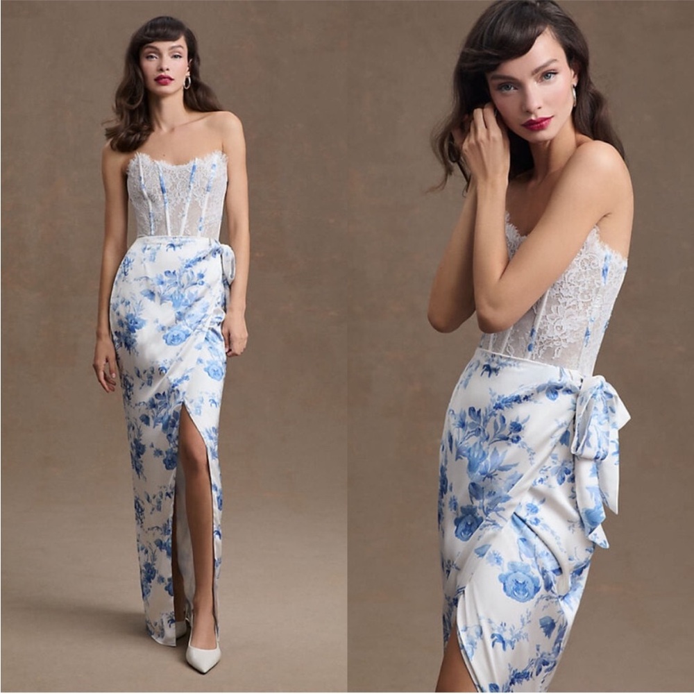 V. Chapman Nicola Lace White and Blue Midi Dress